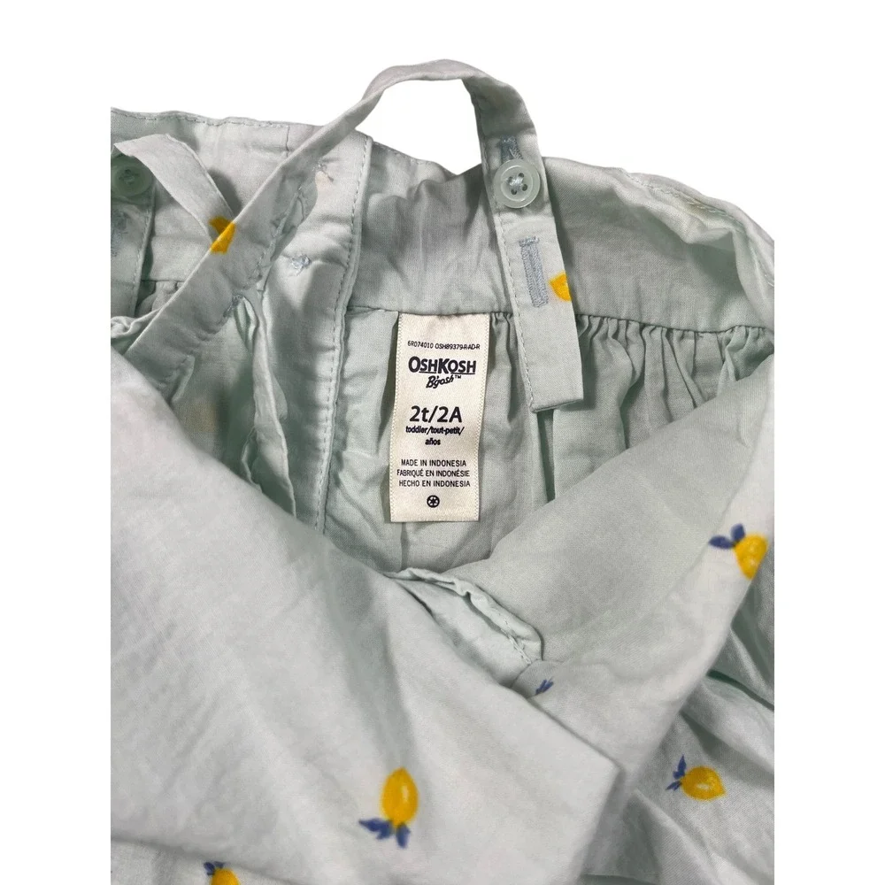 OshKosh B'gosh Toddler Lemon Print Dress Size 2T Green Ruffle Summer Cotton‎